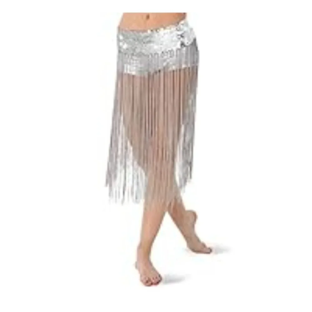 Silver Sequin Fringe Belt Circle Hip Wrap Embelished Festival Rave Scarf EUC